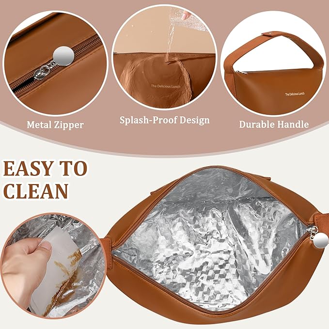 Lunch Bag Set For Women Insulated Leather Woman Lunch Bag With 2 Lunch Box Containers Spoon and Ice Pack Leakproof Reusable High Capacity Lunch Tote Bags for Work, Travel, Outdoor