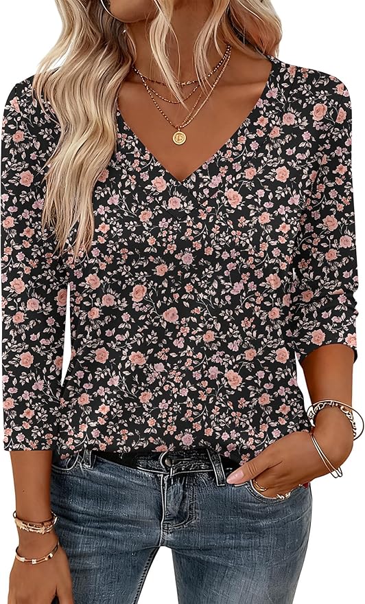 Zeagoo 3/4 Length Sleeve Womens Tops V Neck Shirt Dressy Casual Blouse Basic Tshirts 2026 Fashion Clothing S-2XL