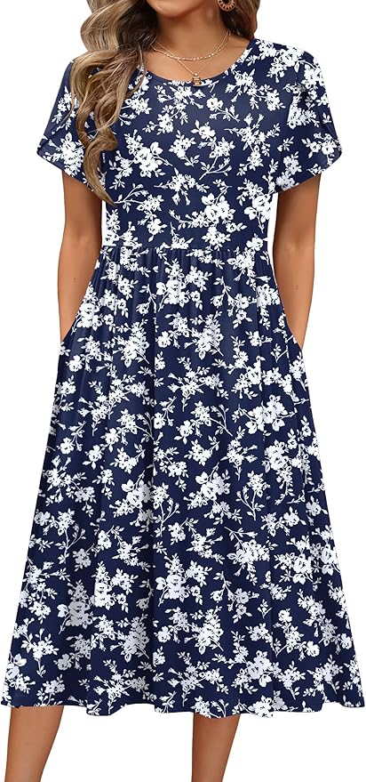 HOTOUCH Women's Summer A-Line Midi Dresses 2026 Casual Floral Short Sleeve T-Shirt Dress Flowy Beach Sundress with Pockets