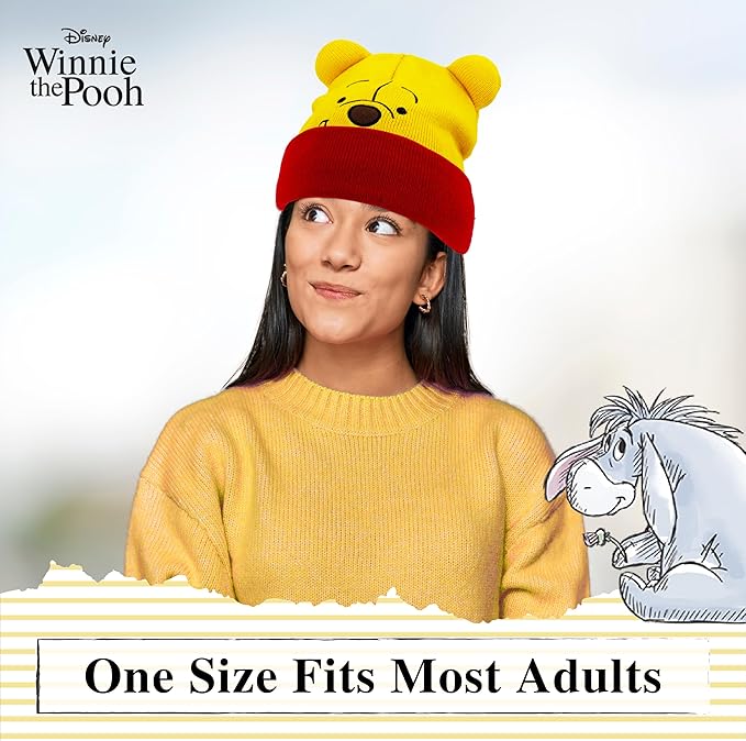 Disney Winnie The Pooh Beanie Hat, Winter Knit Cap with 3D Ears, Yellow
