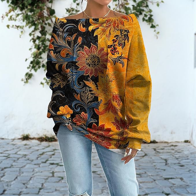 Womens Sweatshirts Floral Print Sexy Off The Shoulder T Shirts Oversized Long Sleeve Pullover Fall Tops