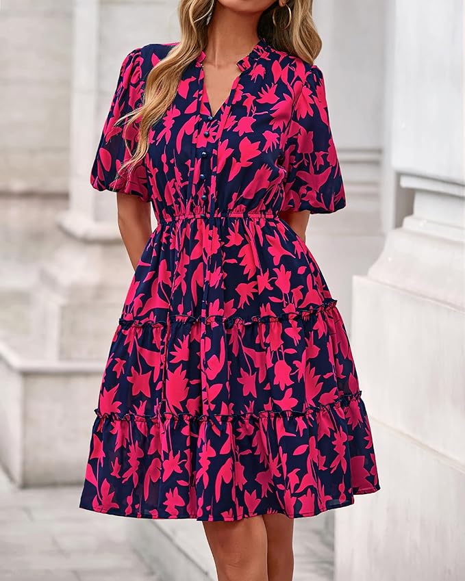 BTFBM Women Summer Floral Short Dresses V Neck Short Sleeve Tiered Ruffle Boho Swing Dress A-Line Mini Dresses