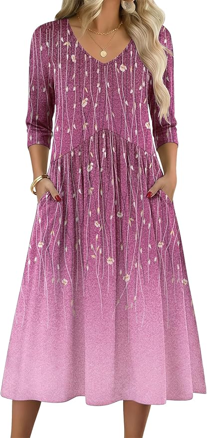ZEAGOO 3/4 Sleeve Women's Dress Casual Flowy A-Line Midi Tshirt Dresses with Pocket Empire Waist Summer Boho Beach Sundress