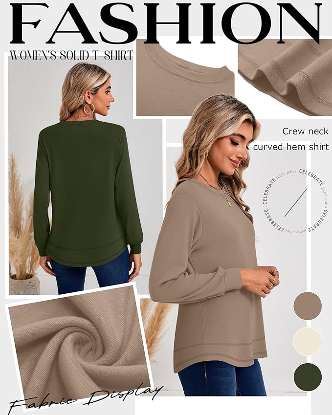 Ficerd 3 Pack Women's Long Sleeve Shirts, Cotton Crew Neck Tunic Tops Casual Loose Fit Pullover Sweatshirts Curved Hem Shirts