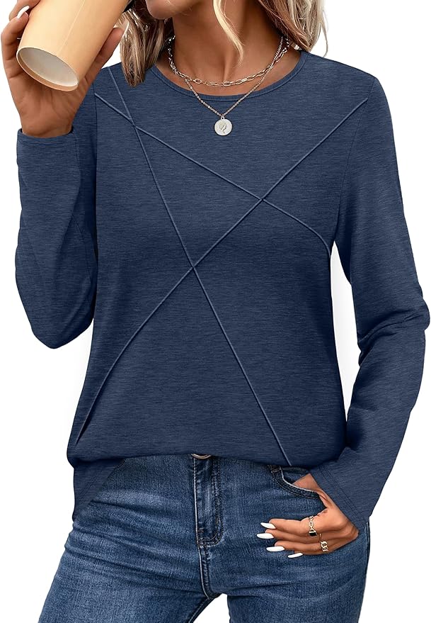 XIEERDUO Long Sleeve Shirts for Women Business Casual Tops Trendy Crewneck Fall T Shirts Pleated Loose Fit