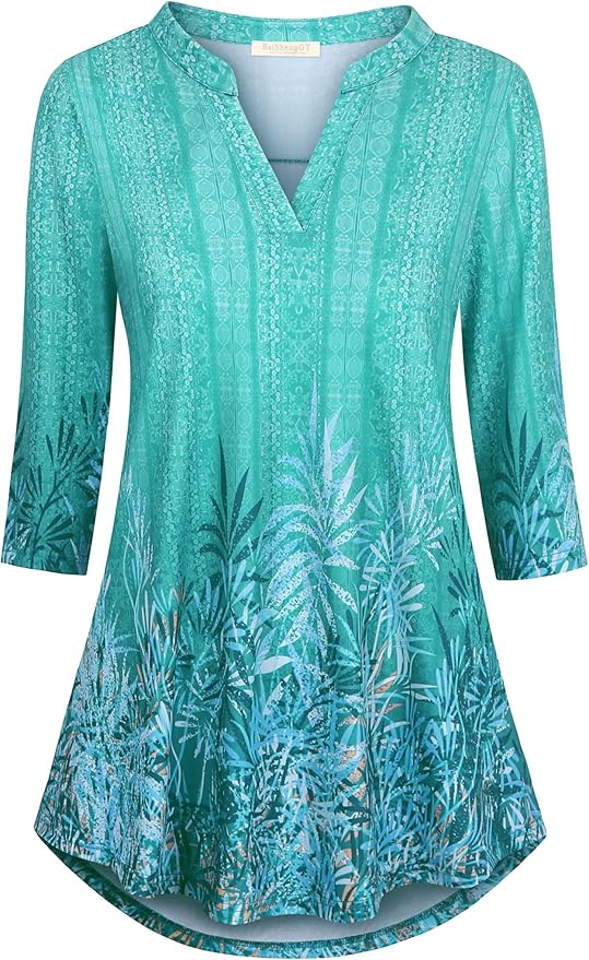 BAISHENGGT 3/4 Sleeve Tops for Women Notch V Neck Floral Work Blouses Dressy Casual Loose Fit Going Out Tunic Tops