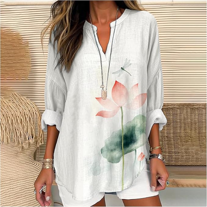 MARSVOVO V Neck Shirt For Women Boho Multi Style Blouse Long Sleeve Novelty Graphic Plus Size Pullover Tops For Women