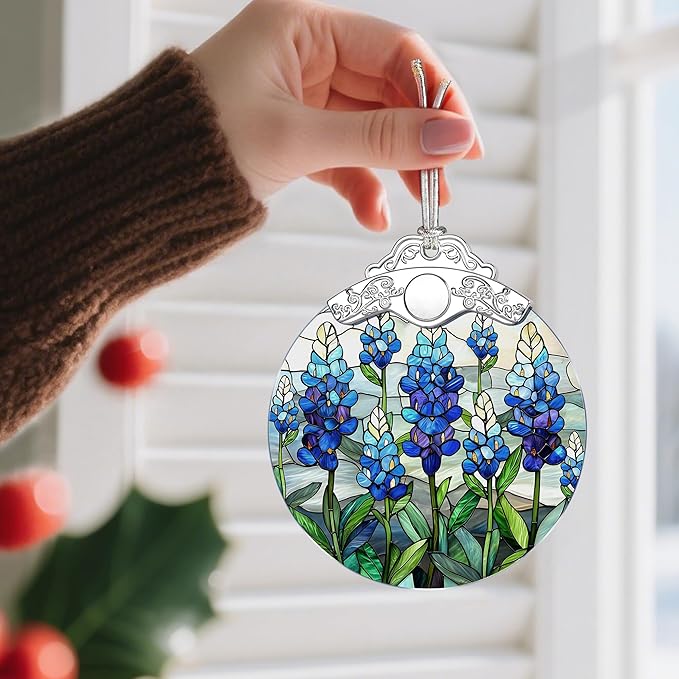 Stained Glass Ornament, Christmas Ornaments, Christmas Decorations for Tree, Holiday Ornament, Gifts for Flower Lovers, Holiday Party Gifts, Gift Ideas & Xmas Gift - Texas Bluebonnet