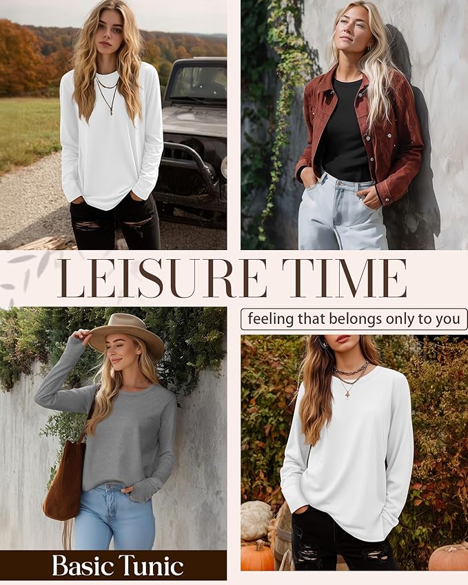 Huukeay 3 Pack Women's Long Sleeve Shirts with Thumb Holes, Cotton Casual Crew Neck Tunic Tops Fall Loose Y2k Trendy Outfits