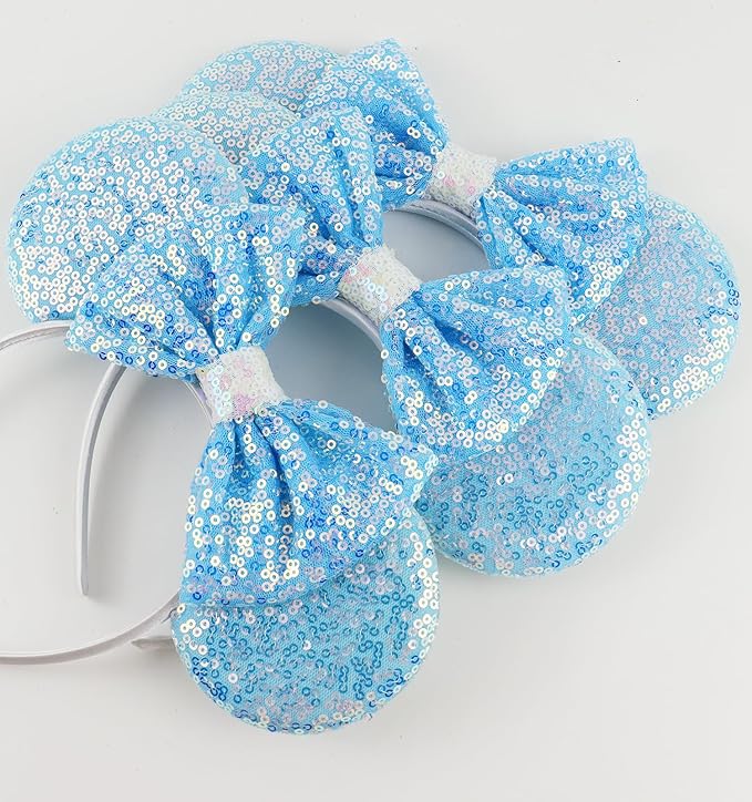 LIHELEI Mouse Ears Headband for Princess, Blue Cinderella Elsa Headbands for Halloween Costume, Sequin Bows Headwear Hair Accessories for Women -Light Blue