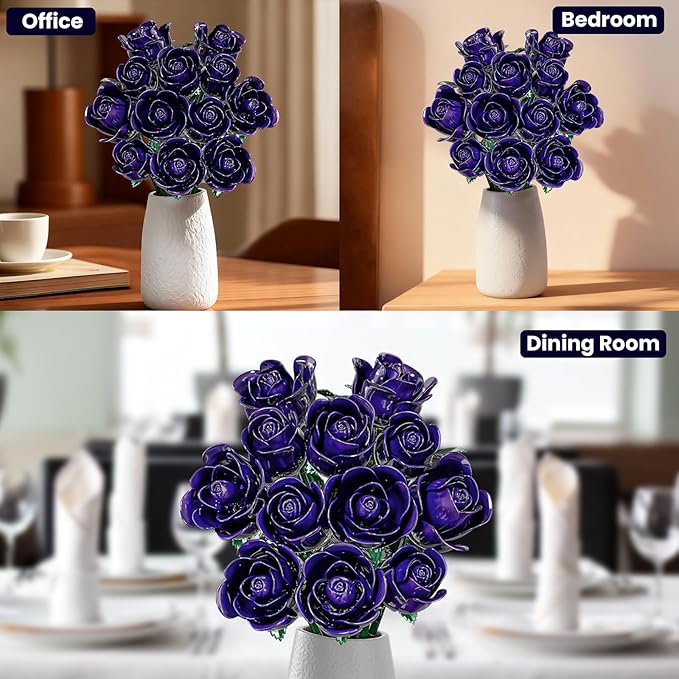 Purple Rose Bouquet Building Set for Adults Women - 12 Pack, Botanical Collection Gift for Christmas, Valentine's Day & Mother's Day - Artificial Flowers Botanical Collection Centerpiece Retro Decor