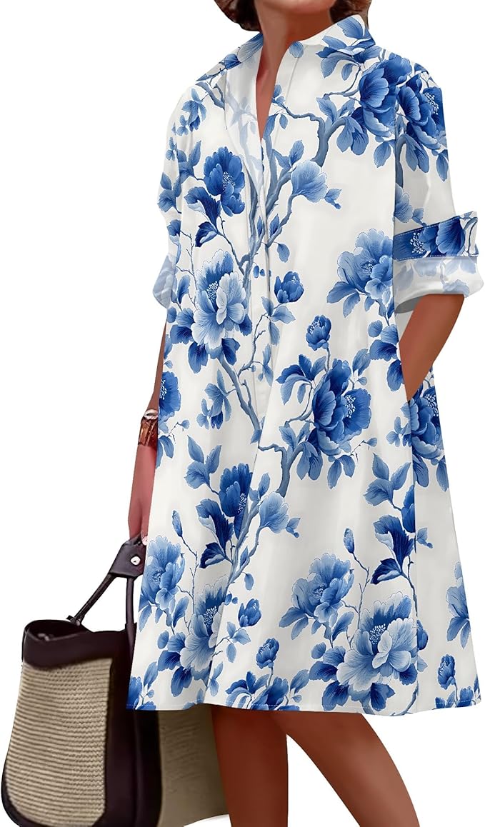 Shirt Dresses for Women 2025 Summer Long Sleeve Casual Plus Size Floral Printed Beach Vacation Dress with Pockets