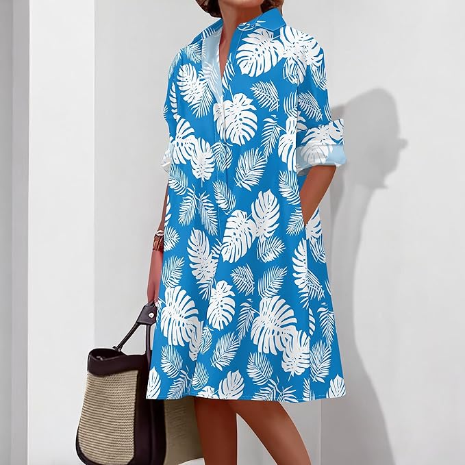 Shirt Dresses for Women 2025 Summer Long Sleeve Casual Plus Size Floral Printed Beach Vacation Dress with Pockets