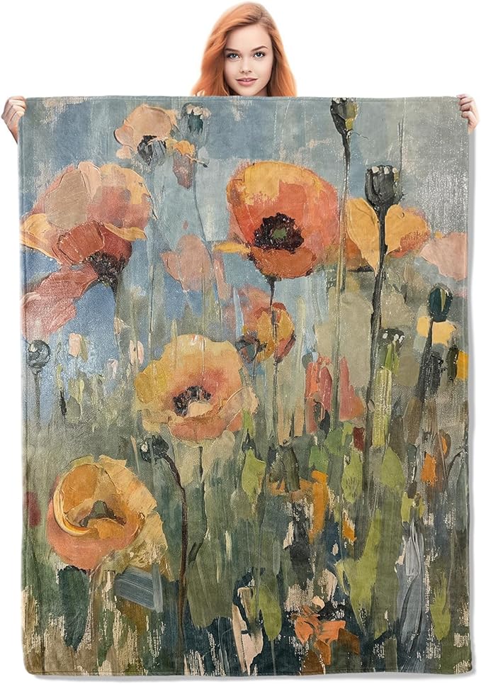 Abstract Poppy Field Painting Blanket, Vintage Floral Flannel Throw Blankets,Soft Warm Lightweight Cozy Plush Throws for Bedroom Sofa Office Home Decor Gifts for Women Girls 80"x60"
