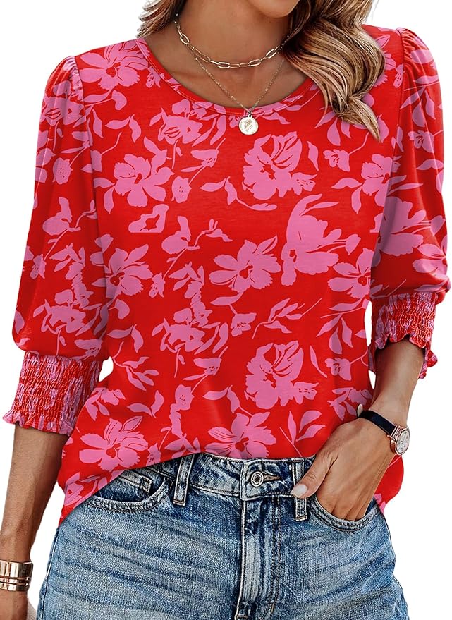 XIEERDUO Blouses for Women Dressy Casual 3/4 Length Sleeve Womens Tops with Smocked Cuffs