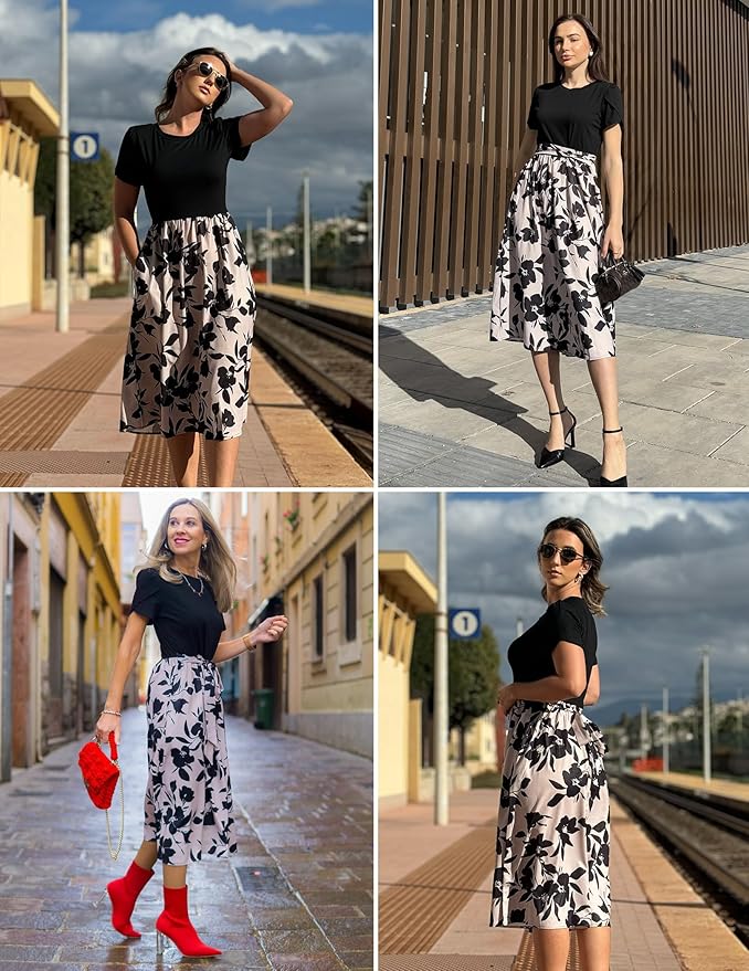 Zeagoo Womens Midi Dress Summer Short Sleeve Dress with Pockets 2025 Casual Floral T-Shirt Dress Flowy Beach Sundress