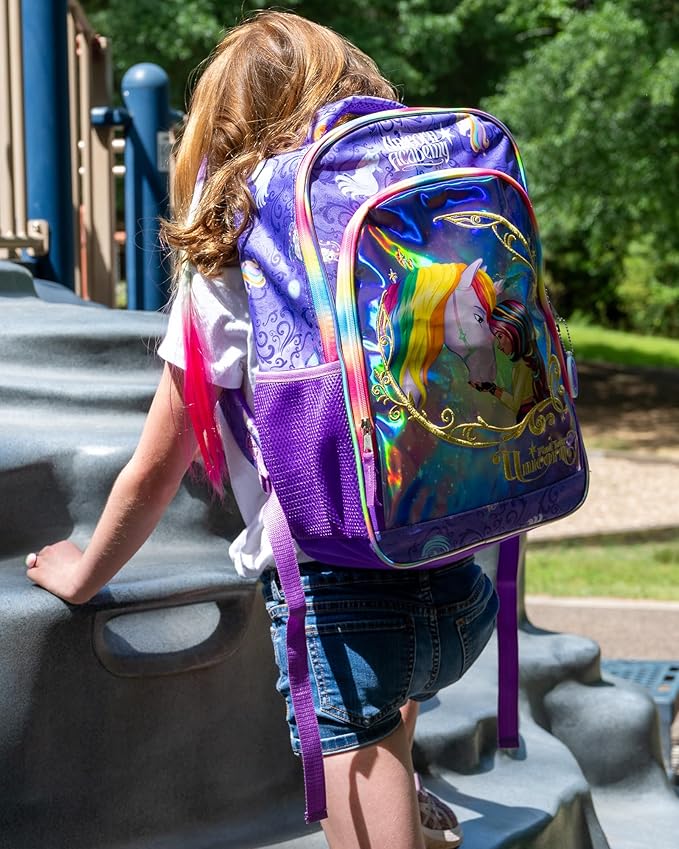 AI ACCESSORY INNOVATIONS Unicorn Academy 16” Backpack with Rainbow Hair Extension, School Bag for Girls Featuring Sophia & Wildstar, Purple