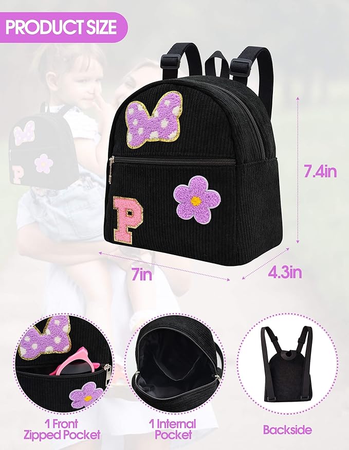 2 3 4 5 6 Year Old Girl Gifts Chenille Initial Mouse Bow Mini Backpack, Corduroy Toddler Backpacks Christmas Birthday Gifts for Girls 2-4 5-6, Black Mini Diaper Bag Must Haves for Park Travel Letter P