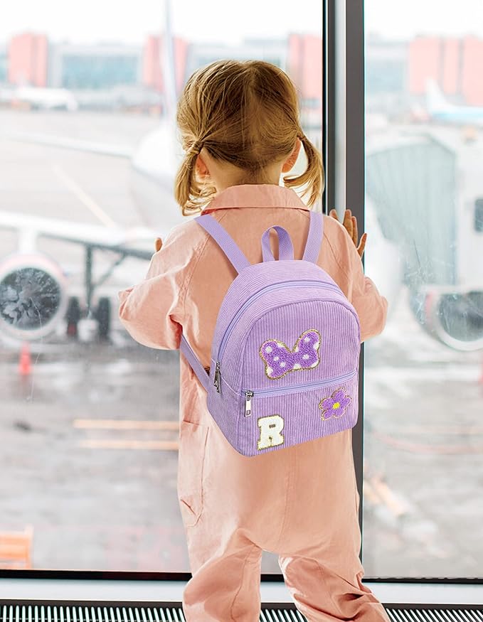 2 3 4 5 6 Year Old Girl Gifts Chenille Initial Mouse Bow Mini Backpack, Corduroy Toddler Backpacks Christmas Birthday Gifts for Girls 2-4 5-6, Purple Mini Diaper Bag Must Haves for Park Travel R