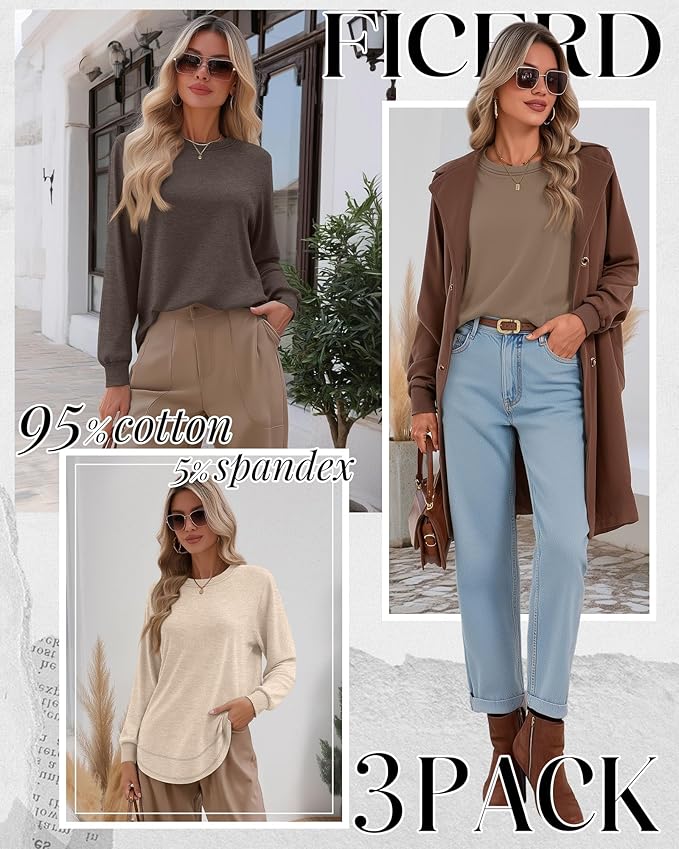 Ficerd 3 Pack Women's Long Sleeve Shirts, Cotton Crew Neck Tunic Tops Casual Loose Fit Pullover Sweatshirts Curved Hem Shirts