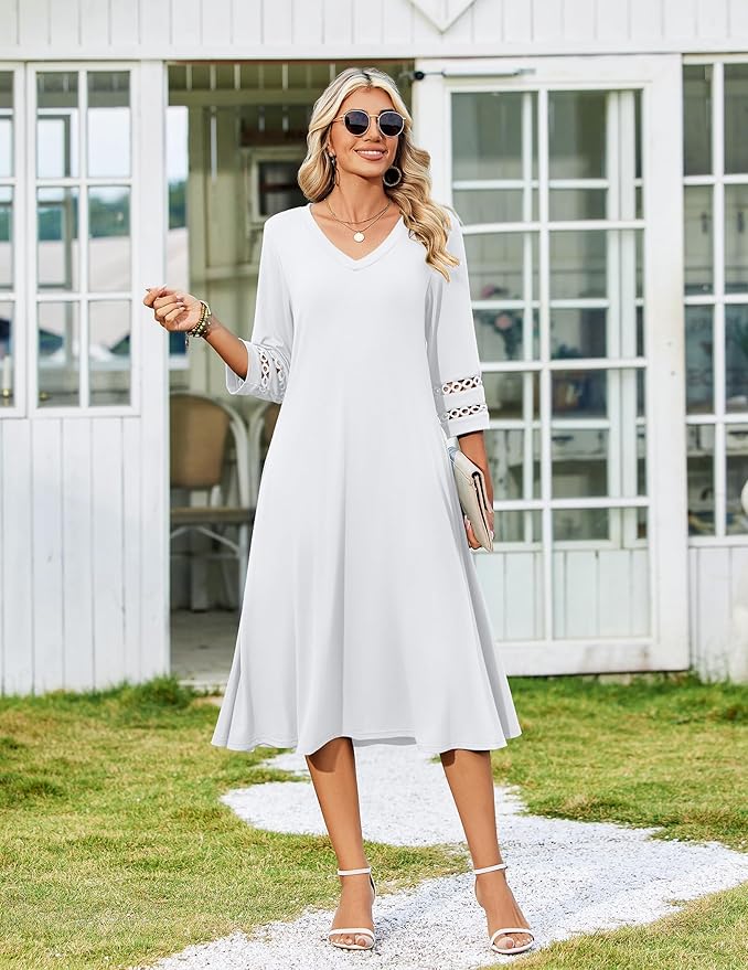 Zeagoo Women's Dresses 3/4 Sleeve Summer Casual V-Neck A Line Flowy Eyelet Midi Dress for Women Beach Vacation Sundress