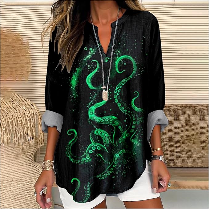 MARSVOVO V Neck Shirt For Women Boho Multi Style Blouse Long Sleeve Novelty Graphic Plus Size Pullover Tops For Women