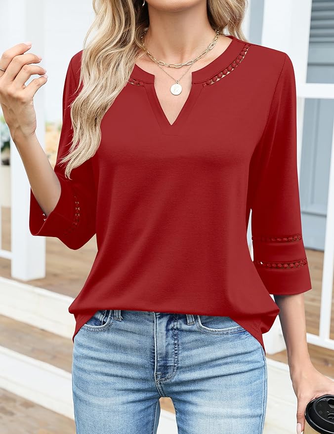 Ivicoer 3/4 Length Sleeve Womens Tops V Neck Lace Embroidered Summer Blouses Loose Fit Tunic Dressy Casual