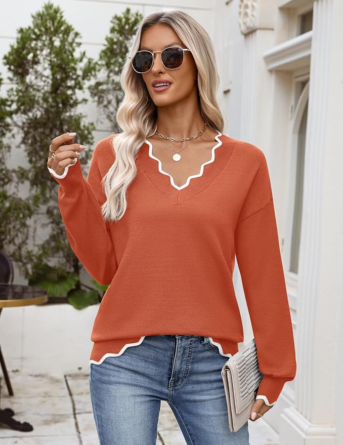 Zeagoo Women's 2026 Fall V Neck Sweater Casual Long Sleeve Lightweight Ribbed Knit Pullover Sweaters Dressy Casual Tops