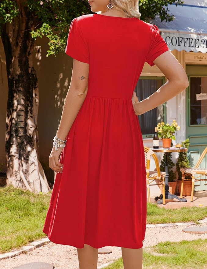 HOTOUCH Women's Summer A-Line Midi Dresses 2026 Casual Floral Short Sleeve T-Shirt Dress Flowy Beach Sundress with Pockets