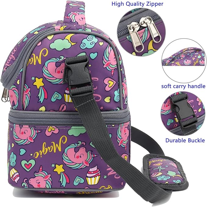 FlowFly Double Decker Cooler Insulated Lunch Bag Large Tote for Boys, Girls, Men, Women, With Adjustable Strap (Purple-Unicorn)