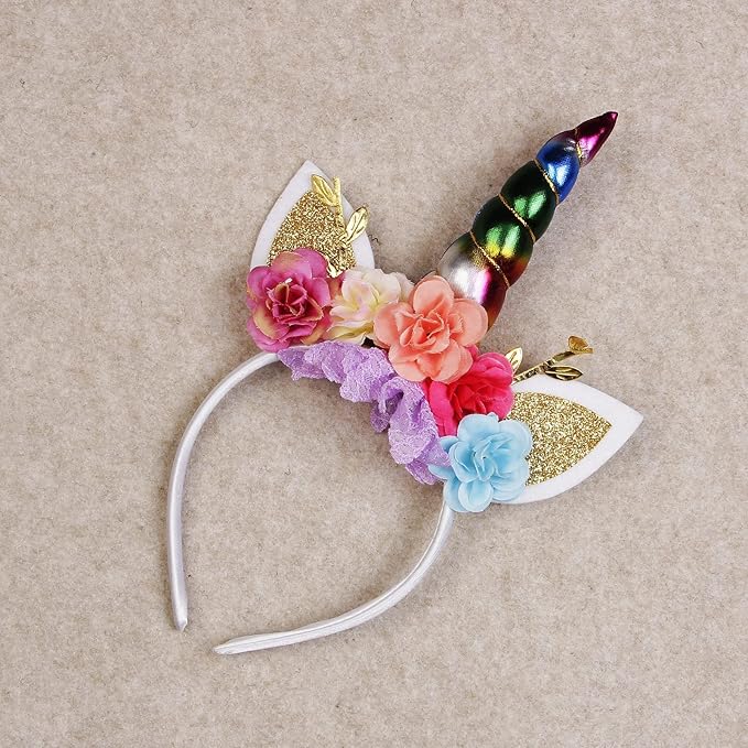 Nishine Unicorn Horn Floral Headband Glitter Ears Pony Head Bands Tiara for Girls Party Birthday Cosplay