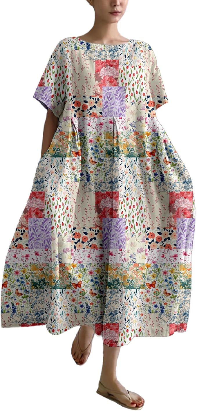 MARSVOVO Patchwork Flowy Dresses for Women Plus Size Loose Casual Tunic Dress Elegant Crewneck Maxi Dresses with Pockets