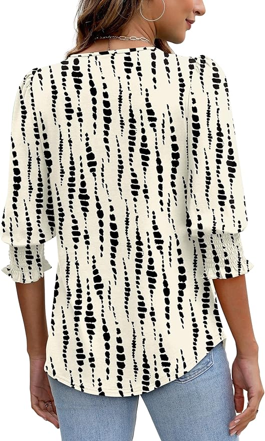 XIEERDUO Blouses for Women Dressy Casual 3/4 Length Sleeve Womens Tops with Smocked Cuffs
