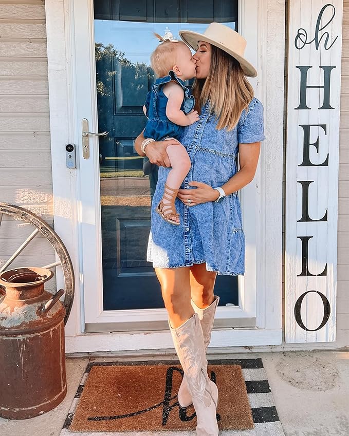 LookbookStore Women's Short Sleeve Button Down Flowy Tiered Babydoll Denim Dress