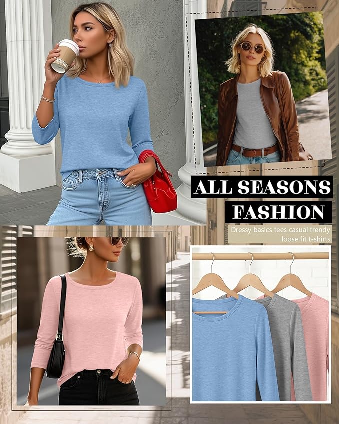 Ficerd 3 Pack 3/4 Sleeve Tops for Women Round Neck Dressy Basics Tees Casual Trendy Loose Fit T Shirts