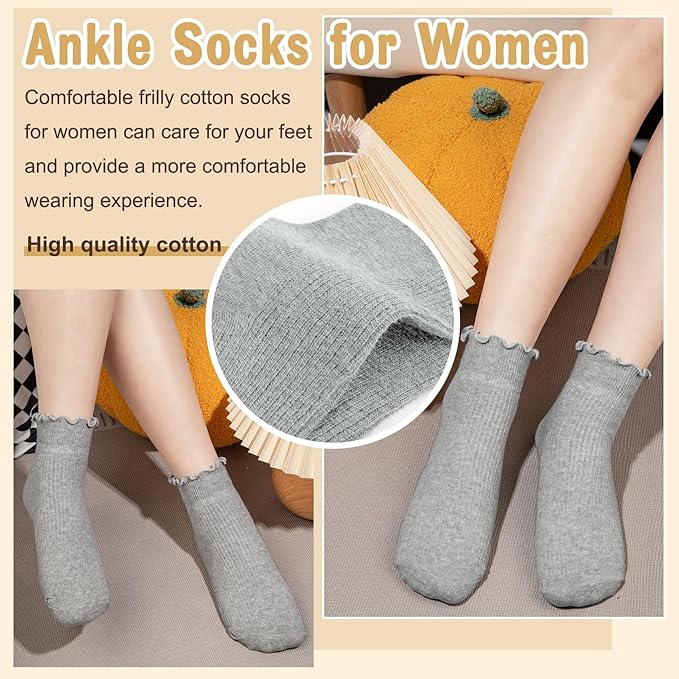 Justay 8 Pairs Ruffle Socks Woman Cute Frilly Soft Cotton Crew Ankle Socks for Women Gifts
