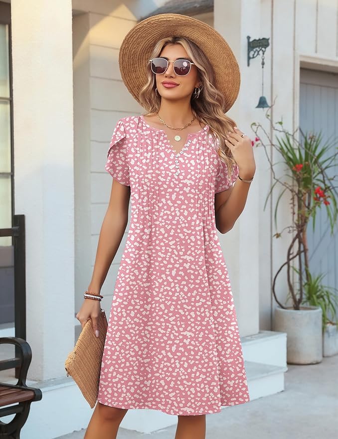 Zeagoo Women's Casual Dresses with Pockets Summer Floral V-Neck A-Line Tshirt Dress Short Sleeve Mini Dress Beach Sundress