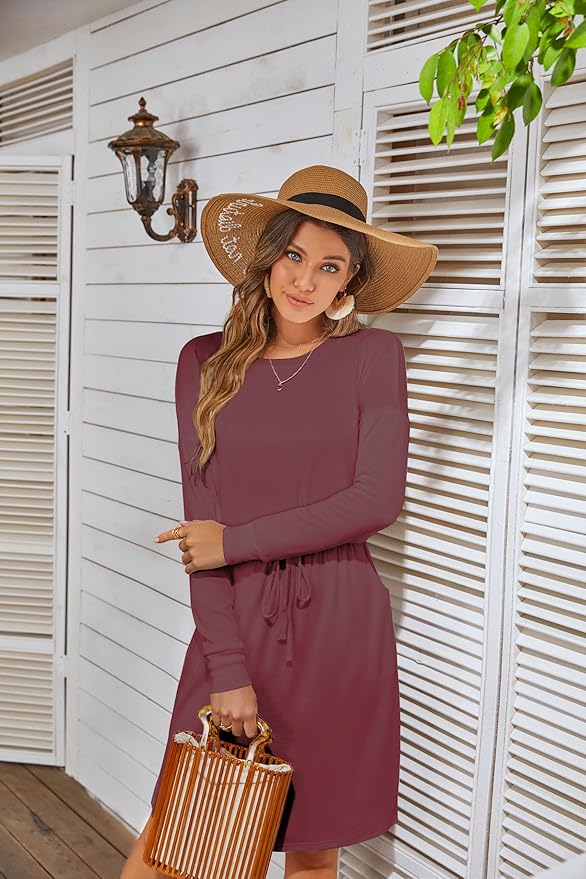 Simier Fariry Womens Spring Hide Belly Knee Length Travel Dress Pocket Summer Short Sleeve Midi Work Casual Outfits