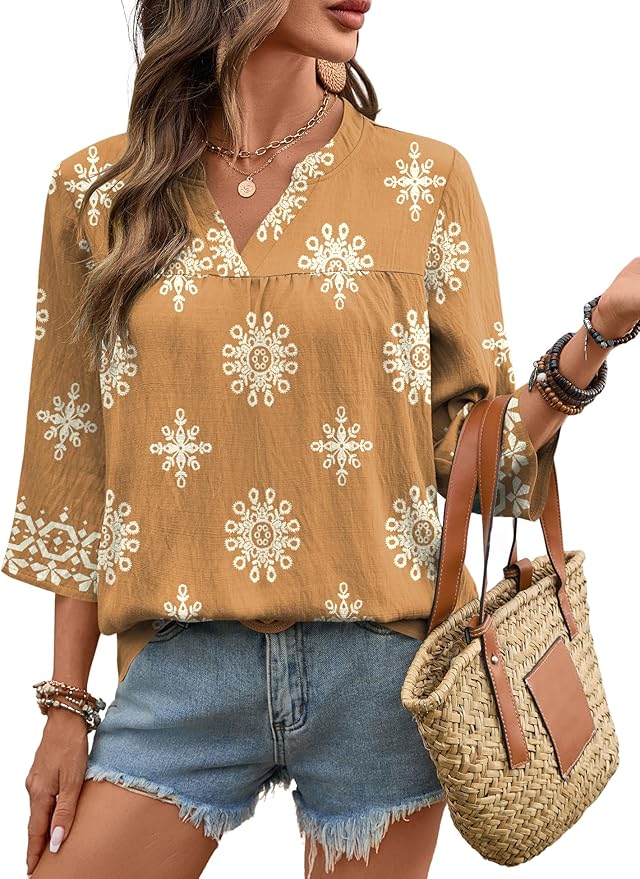 Rapbin Womens 3/4 Sleeve V Neck Floral Print Pleated Blouses for Women Dressy Casual Loose Fit Tops