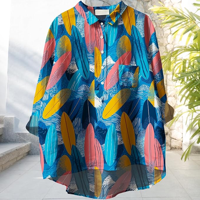 Womens Boho Tops 3/4 Long Sleeve Floral Blouses Hawaii Beach Button Down Shirts V Neck Pullover Casual Tunics