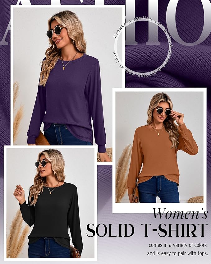 Ficerd 3 Pack Women's Long Sleeve Shirts, Cotton Crew Neck Tunic Tops Casual Loose Fit Pullover Sweatshirts Curved Hem Shirts