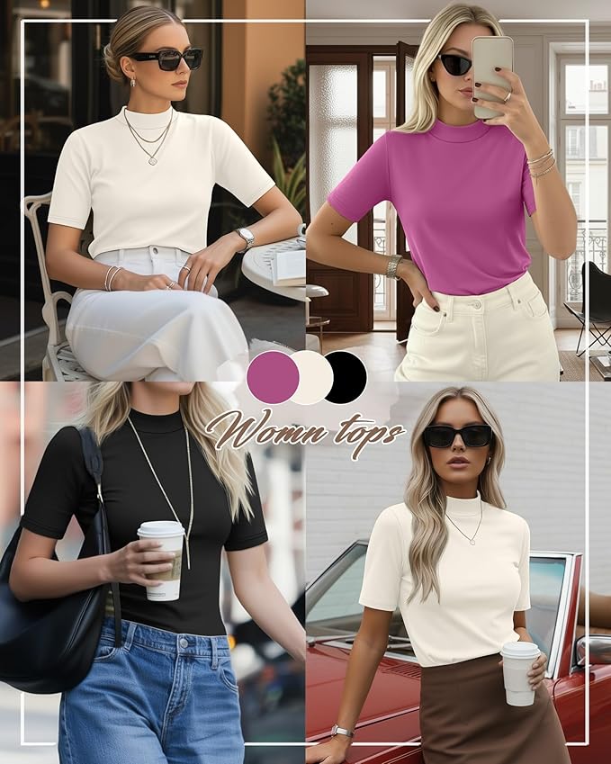 Ficerd 3 Pack Women's 1/2 Sleeve Mock Turtleneck Shirts, Elbow Length Shirt Half Sleeve Tunic Top Casual Summer Basic Tees