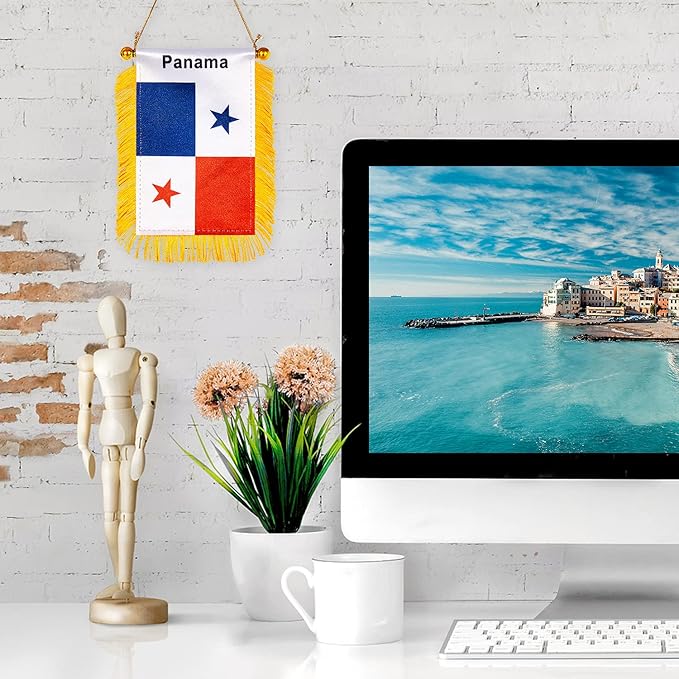 ZXvZYT 3 X 5 Inch Panama Window Hanging Flag Panamanian Small Mini Car Flags Banners Rearview Mirror Decoration - with Suction Cup & Golden Fringy Banner(2 Pack)