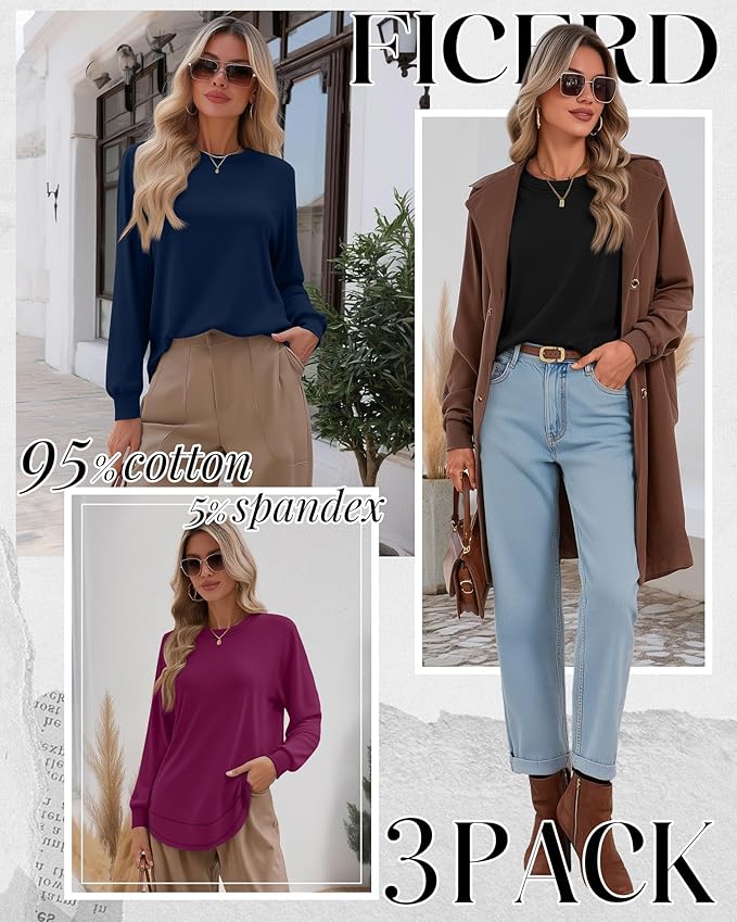 Ficerd 3 Pack Women's Long Sleeve Shirts, Cotton Crew Neck Tunic Tops Casual Loose Fit Pullover Sweatshirts Curved Hem Shirts