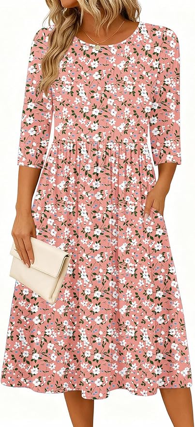 Zeagoo 3/4 Sleeve Women's Dress Casual Flowy A-Line Midi Tshirt Dresses with Pockets Crewneck Vocation Boho Beach Sundress