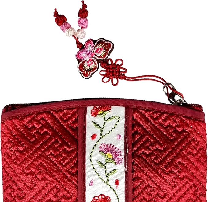 Seoulful Vintage Korean Embroidered Card Pouch - Wildflower Design Coin Purse with Butterfly Charm - Traditional Korean New Year's Gifts (Wine)