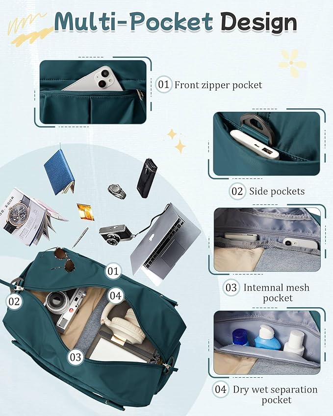 Large Carry on Gym Bag for Women, Waterproof Sport Bag for Fitness with Dry Wet Separated Pocket and Shoe Compartment, Overnight Weekender Fitness Workout Sports Bag, Peacock Blue