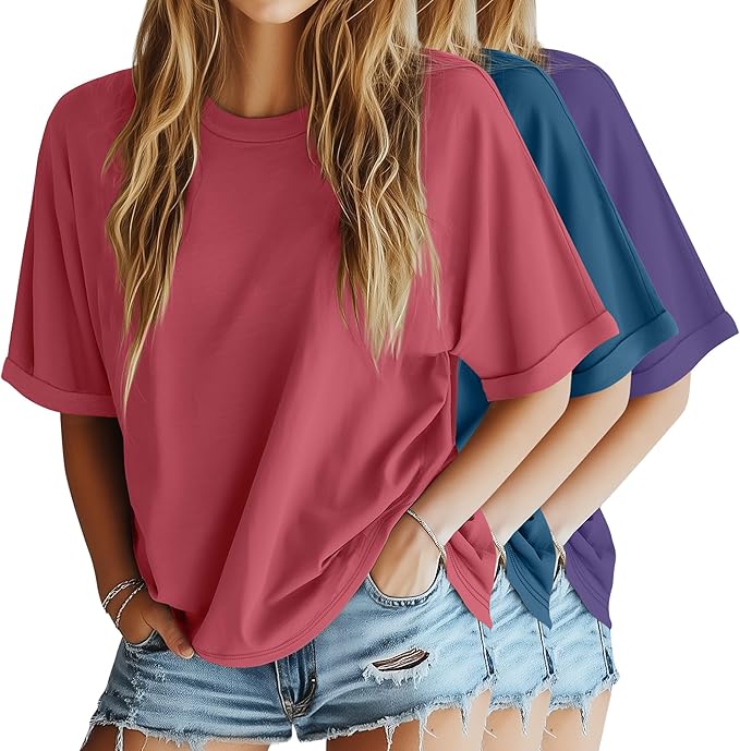 Riyiper 3 Pack Women's Oversized T-Shirt Half Sleeve Summer Tees Casual Loose Fit Crew Neck Basic Tops