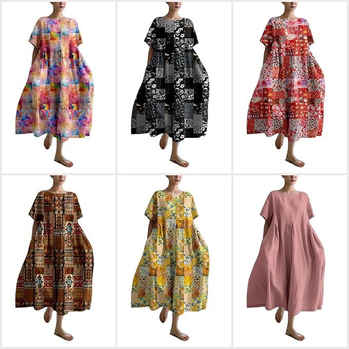MARSVOVO Patchwork Flowy Dresses for Women Plus Size Loose Casual Tunic Dress Elegant Crewneck Maxi Dresses with Pockets