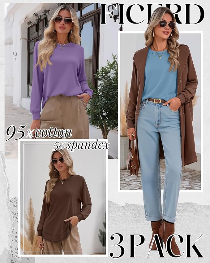 Ficerd 3 Pack Women's Long Sleeve Shirts, Cotton Crew Neck Tunic Tops Casual Loose Fit Pullover Sweatshirts Curved Hem Shirts